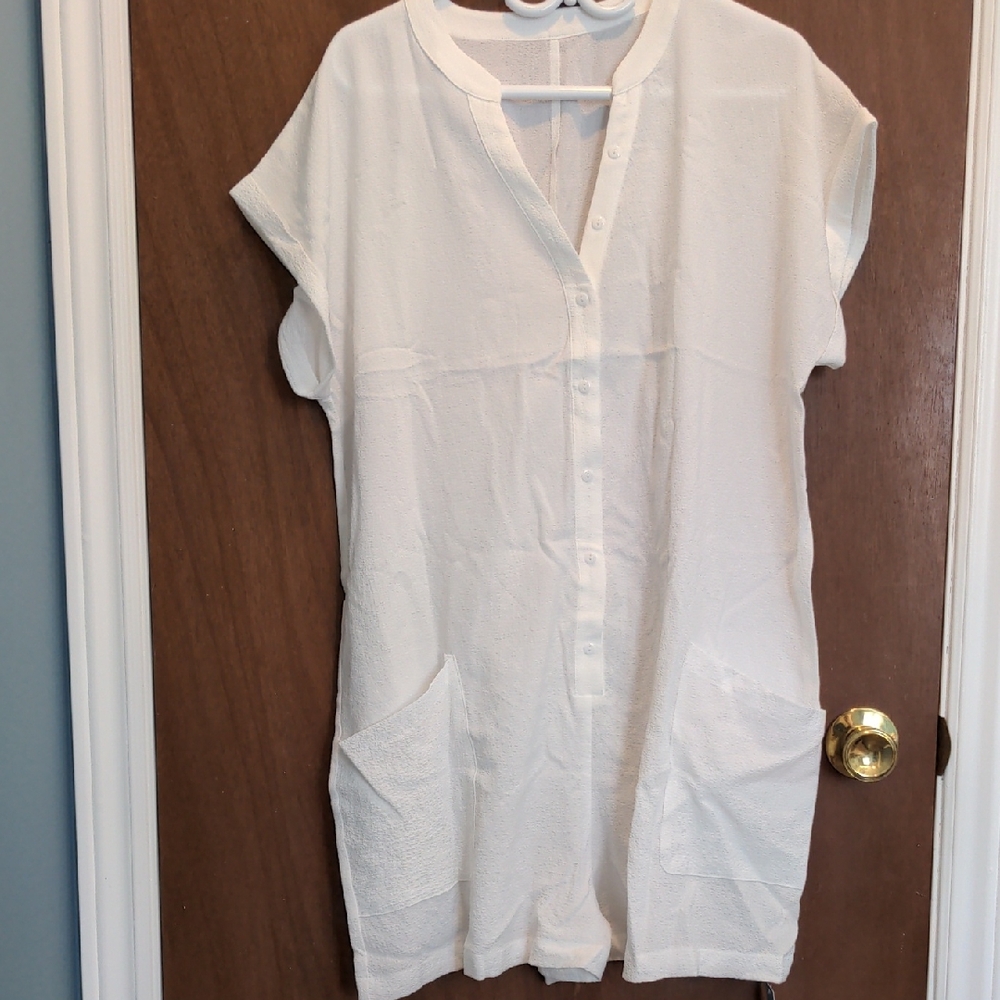 White Button-Up Short Sleeve Romper Coverup